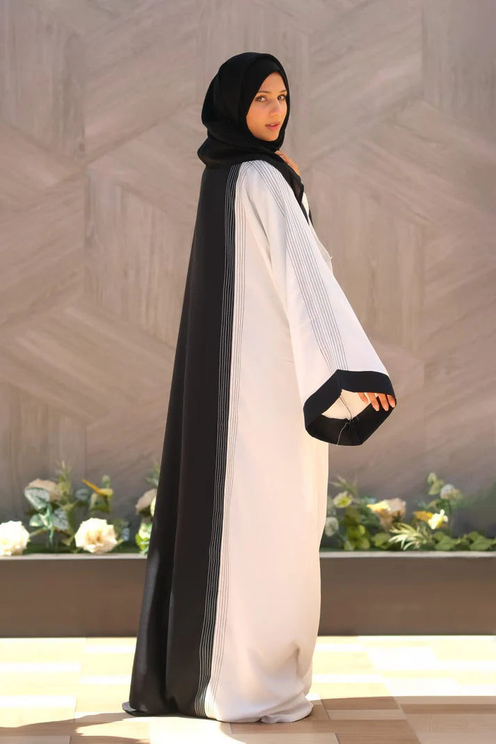 Moonlit Threads Abaya | Black & White Contrast