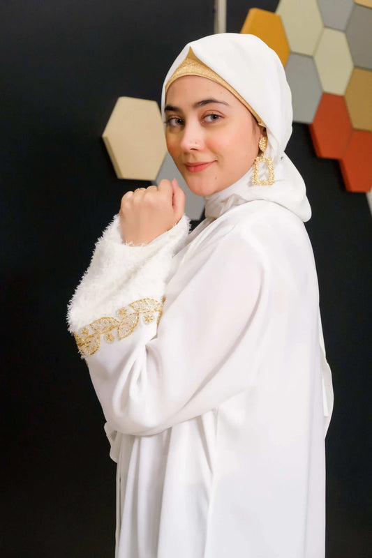 Golden Grace Abaya | White Front-Close | Gold Embroidery Cuffs