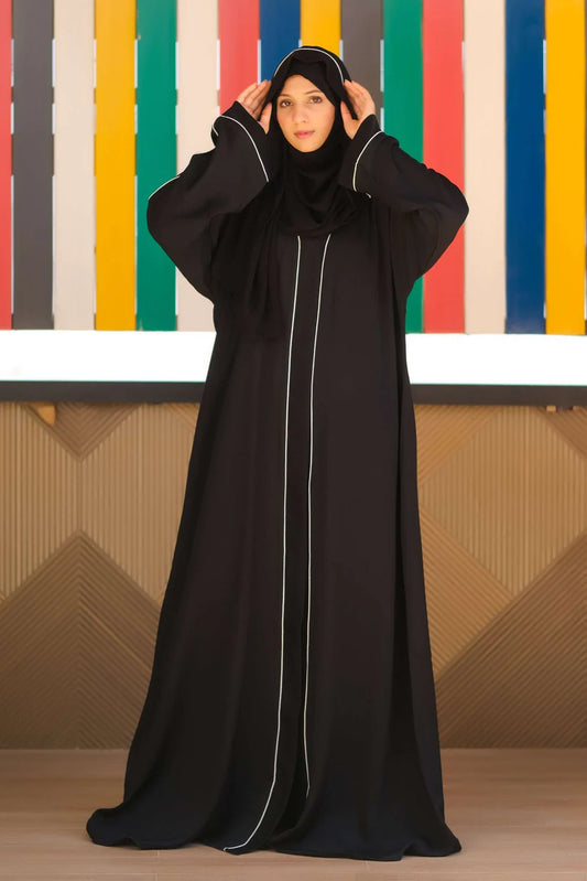 Hayat Black Front-Open Abaya | White Piping Detail