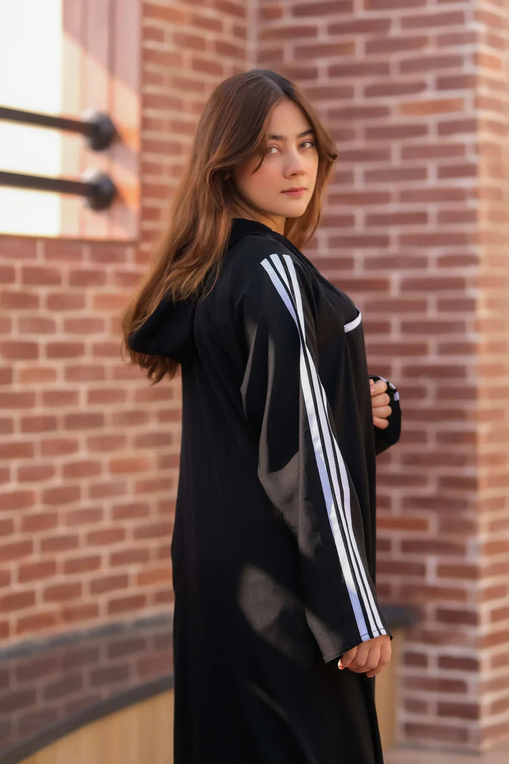 Noir Sport Stripe Hooded Abaya | Zipper Front