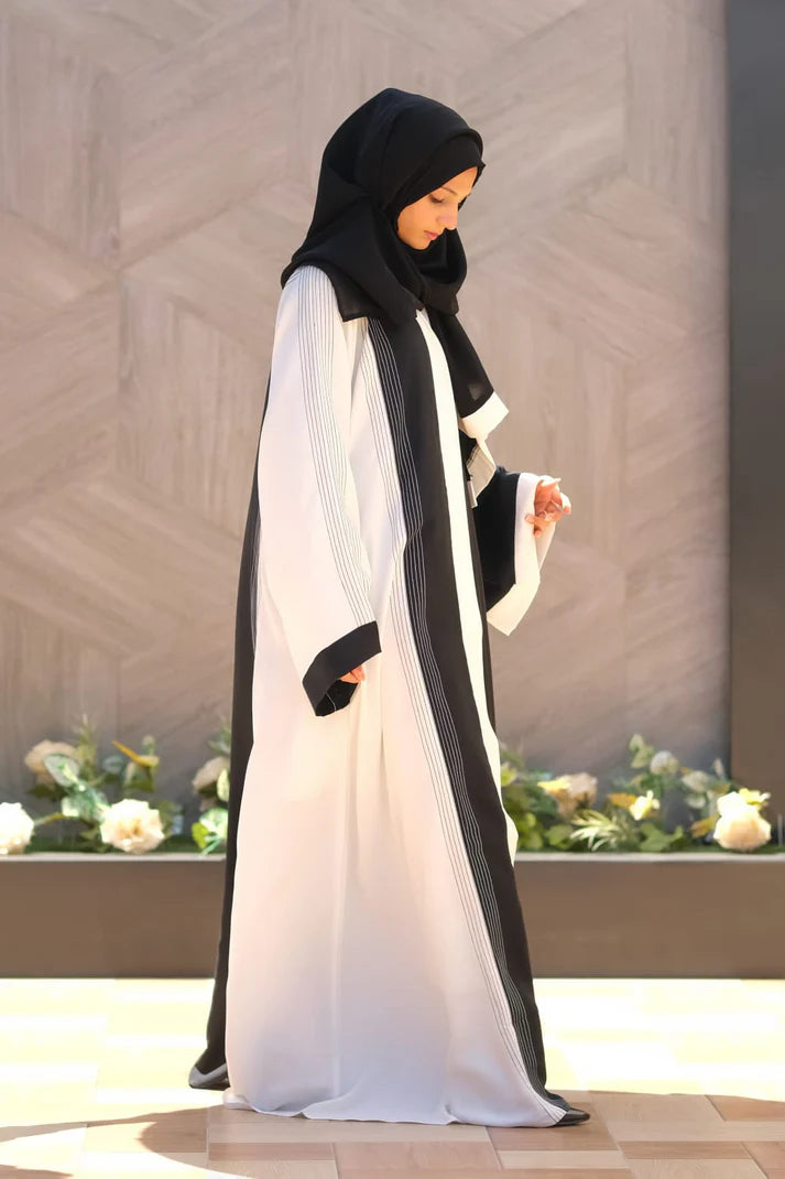 Moonlit Threads Abaya | Black & White Contrast