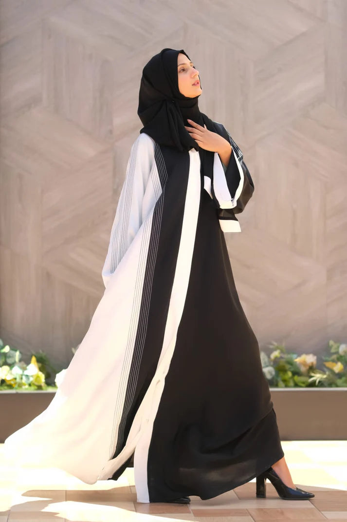 Moonlit Threads Abaya | Black & White Contrast