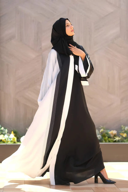 Moonlit Threads Abaya | Black & White Contrast