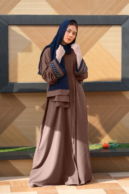 Majestic Brown Front-Open Abaya | Embellished Sleeves