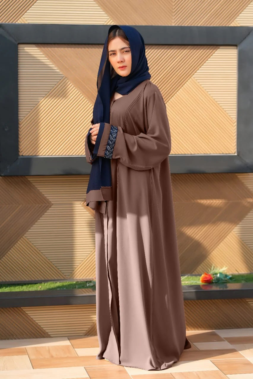 Majestic Brown Front-Open Abaya | Embellished Sleeves