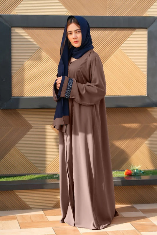 Majestic Brown Front-Open Abaya | Embellished Sleeves