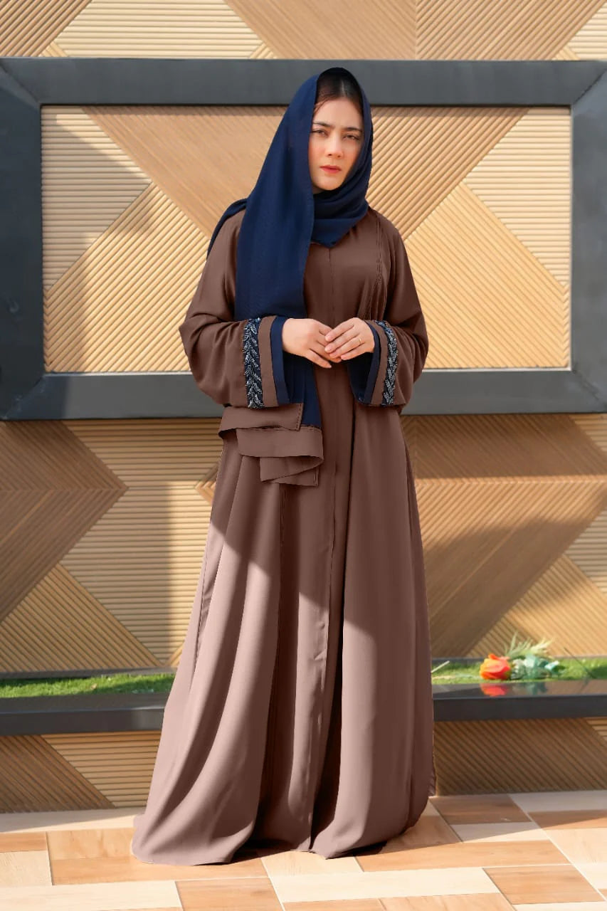 Majestic Brown Front-Open Abaya | Embellished Sleeves