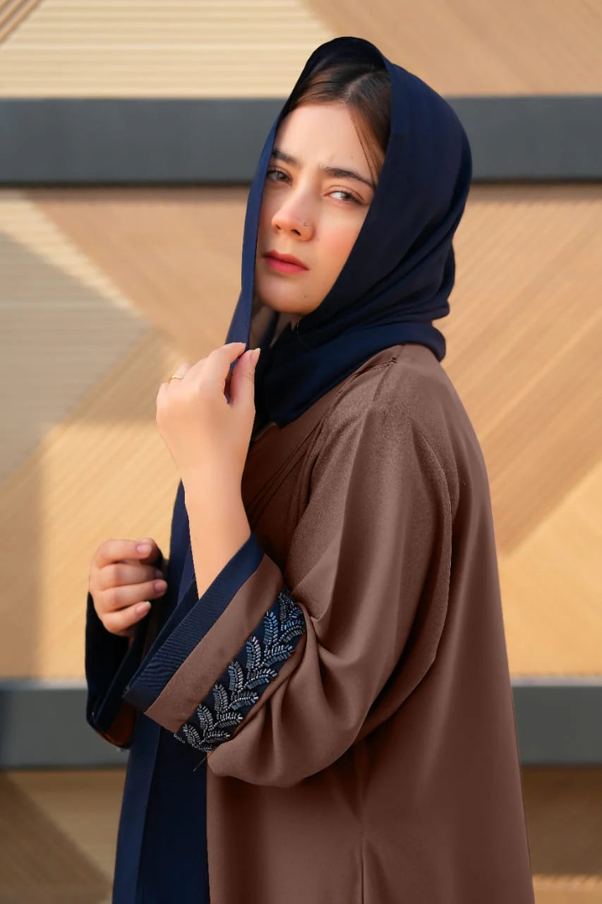Majestic Brown Front-Open Abaya | Embellished Sleeves