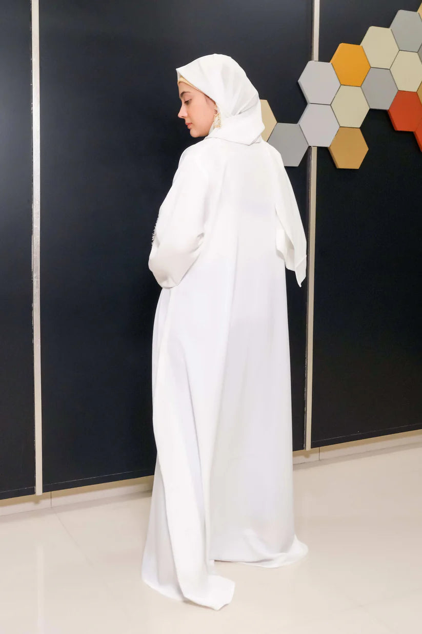 Golden Grace Abaya | White Front-Close | Gold Embroidery Cuffs