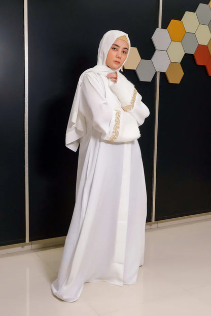 Golden Grace Abaya | White Front-Close | Gold Embroidery Cuffs