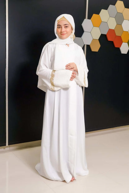 Golden Grace Abaya | White Front-Close | Gold Embroidery Cuffs