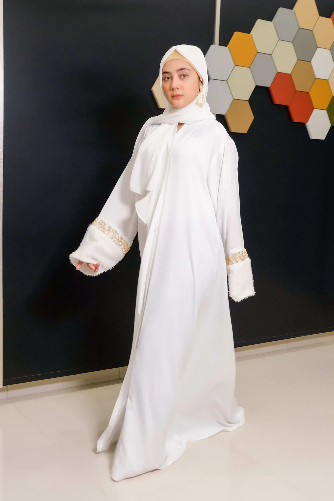 Golden Grace Abaya | White Front-Close | Gold Embroidery Cuffs
