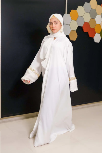 Golden Grace Abaya | White Front-Close | Gold Embroidery Cuffs