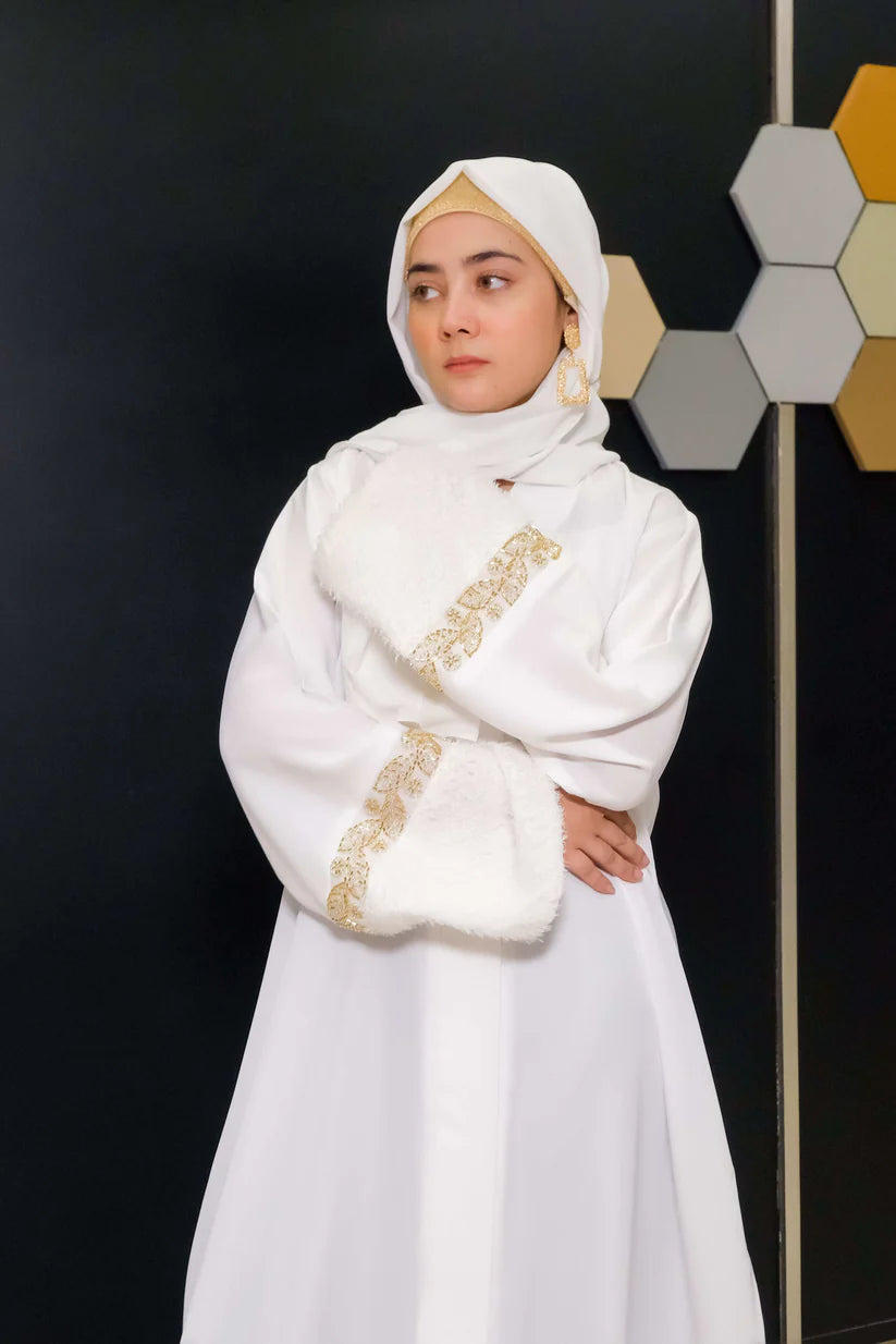 Golden Grace Abaya | White Front-Close | Gold Embroidery Cuffs