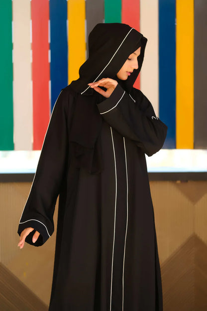Hayat Black Front-Open Abaya | White Piping Detail