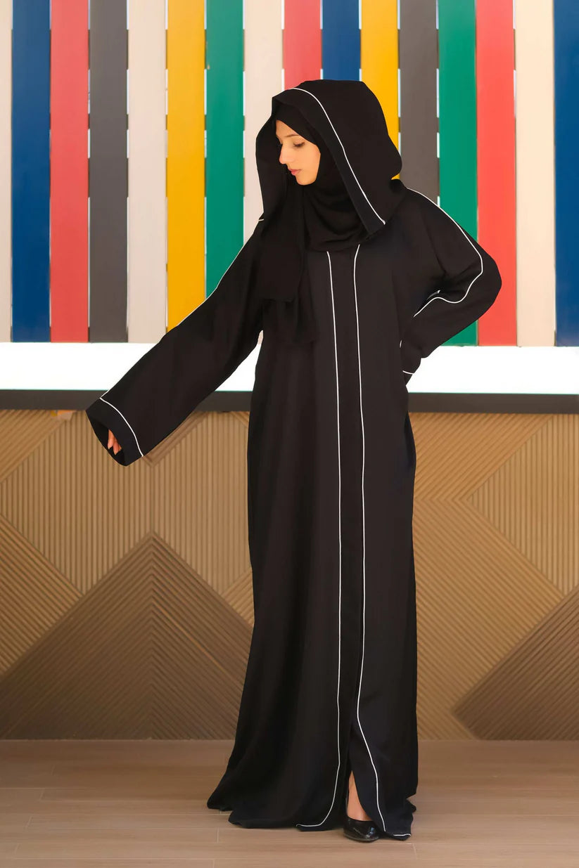 Hayat Black Front-Open Abaya | White Piping Detail