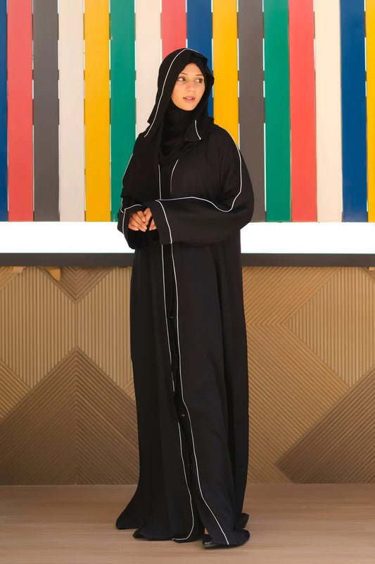 Hayat Black Front-Open Abaya | White Piping Detail