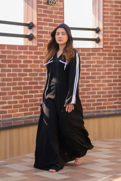 Noir Sport Stripe Hooded Abaya | Zipper Front
