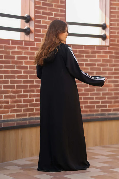 Noir Sport Stripe Hooded Abaya | Zipper Front
