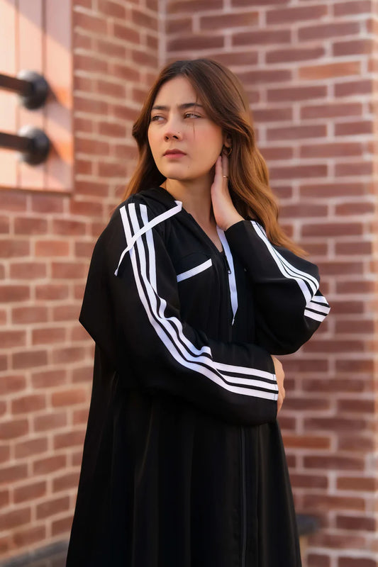 Noir Sport Stripe Hooded Abaya | Zipper Front