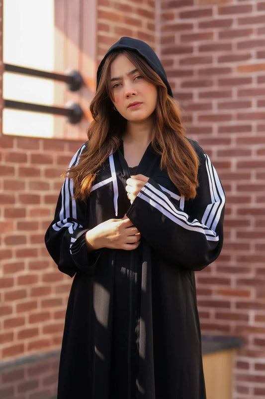 Noir Sport Stripe Hooded Abaya | Zipper Front