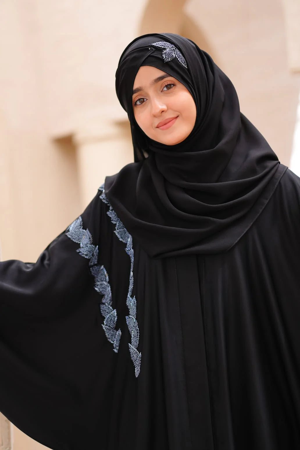Noor Al-Noir Abaya | Black Front-Open | Silver Embellishment Detail