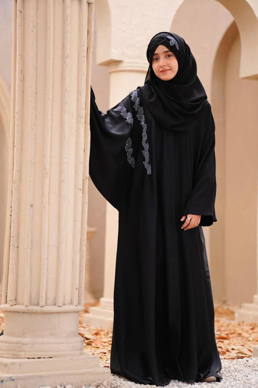 Noor Al-Noir Abaya | Black Front-Open | Silver Embellishment Detail