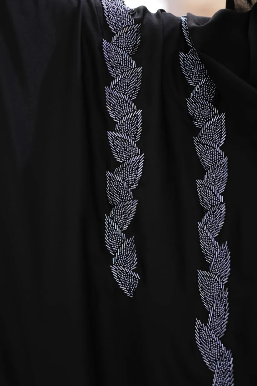 Noor Al-Noir Abaya | Black Front-Open | Silver Embellishment Detail