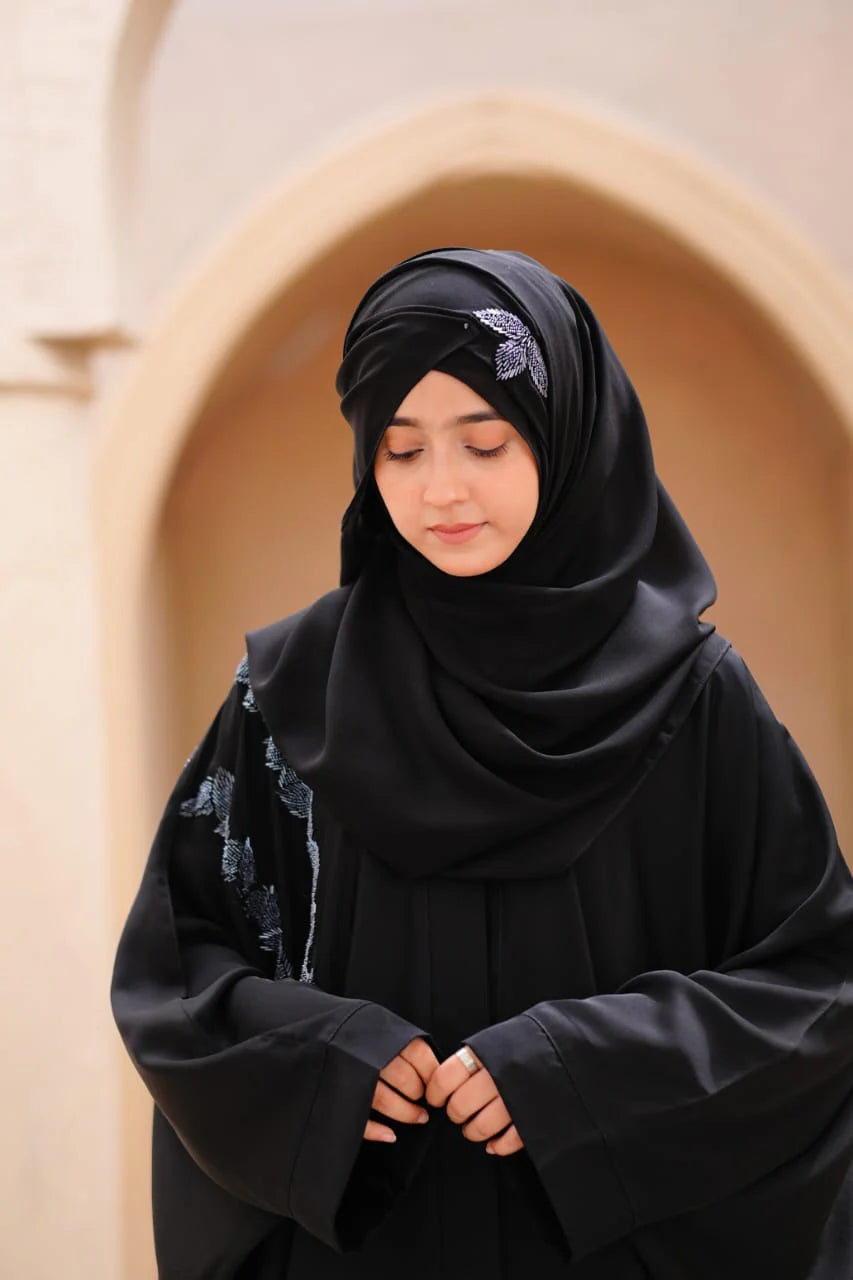 Noor Al-Noir Abaya | Black Front-Open | Silver Embellishment Detail
