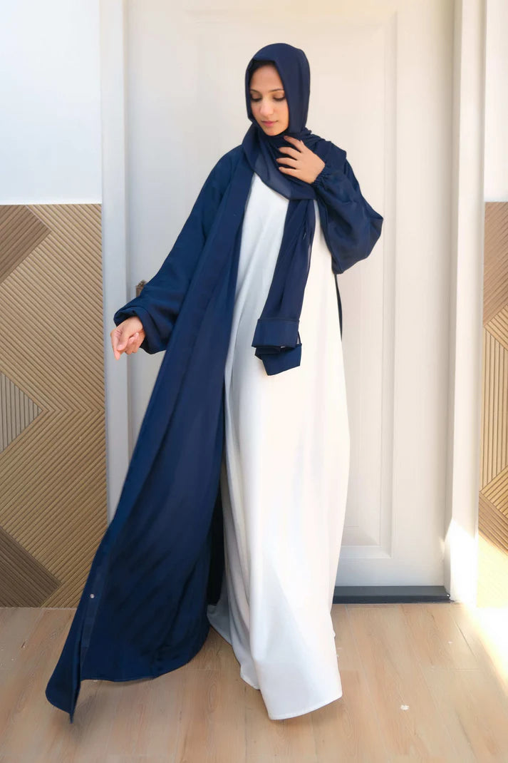 Oceanic Elegance Layered Abaya | Navy Front-Open With White Inner |