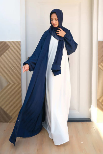 Oceanic Elegance Layered Abaya | Navy Front-Open With White Inner |