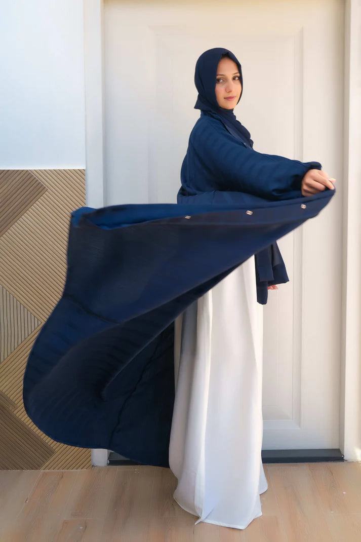 Oceanic Elegance Layered Abaya | Navy Front-Open With White Inner |