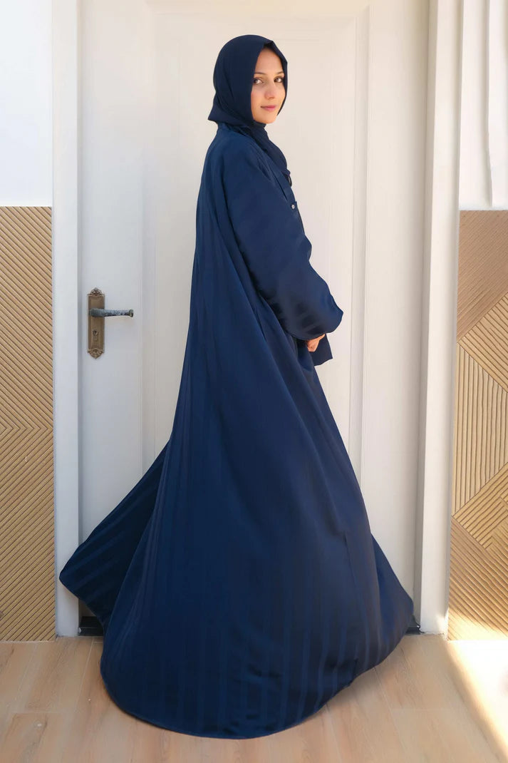 Oceanic Elegance Layered Abaya | Navy Front-Open With White Inner |