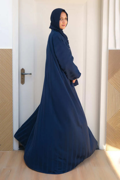 Oceanic Elegance Layered Abaya | Navy Front-Open With White Inner |