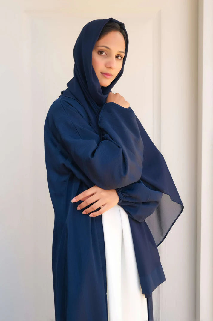 Oceanic Elegance Layered Abaya | Navy Front-Open With White Inner |