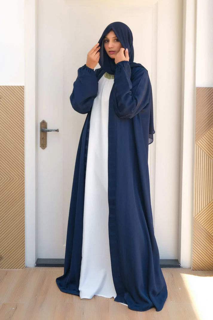 Oceanic Elegance Layered Abaya | Navy Front-Open With White Inner |