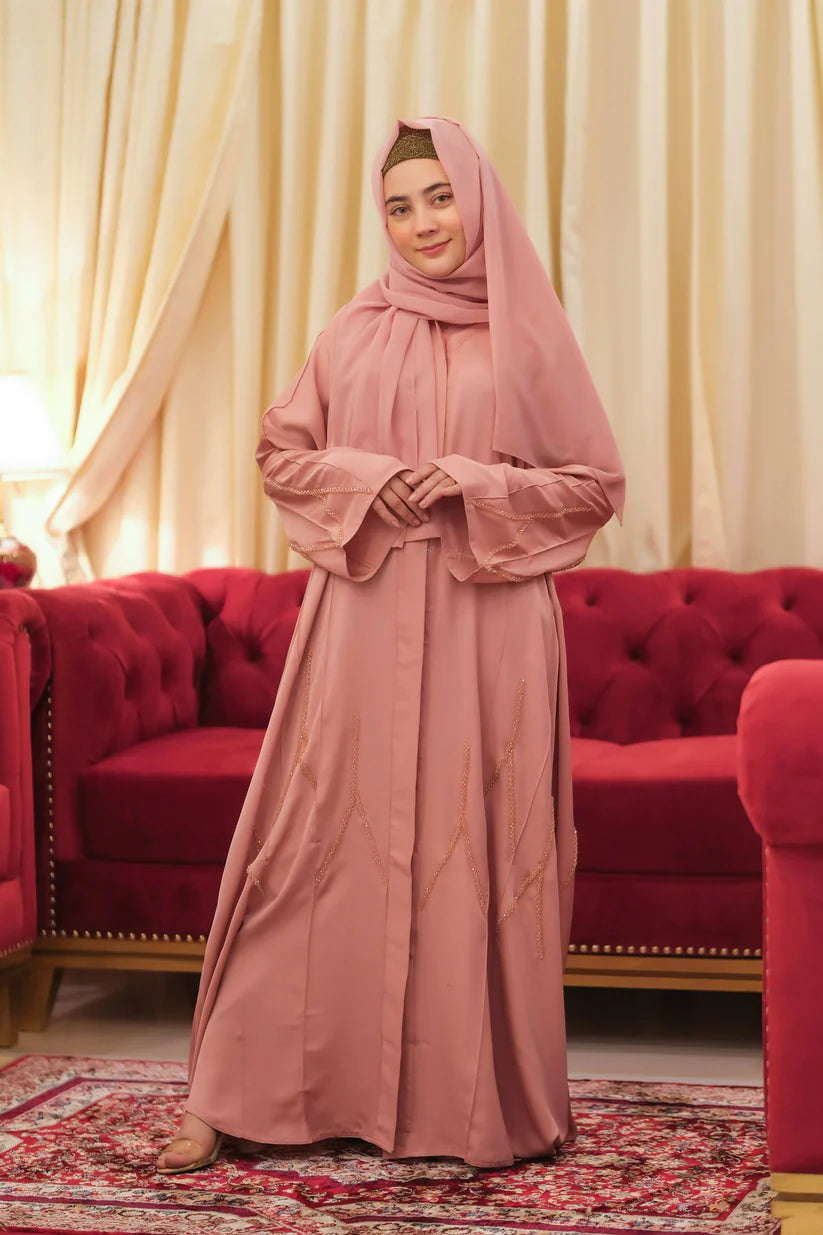 Rose Radiance Crystal Handwork Abaya | Blush Pink Front-Open