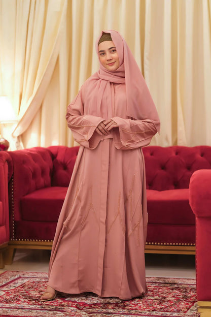 Rose Radiance Crystal Handwork Abaya | Blush Pink Front-Open