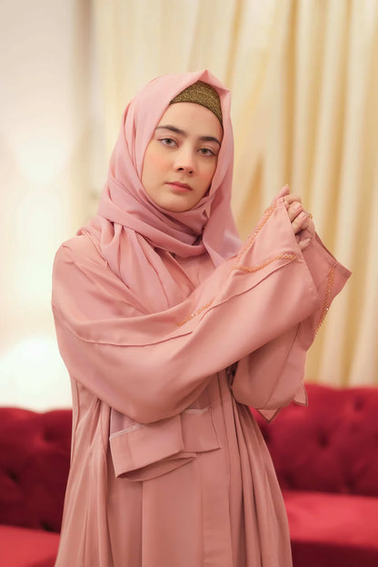 Rose Radiance Crystal Handwork Abaya | Blush Pink Front-Open