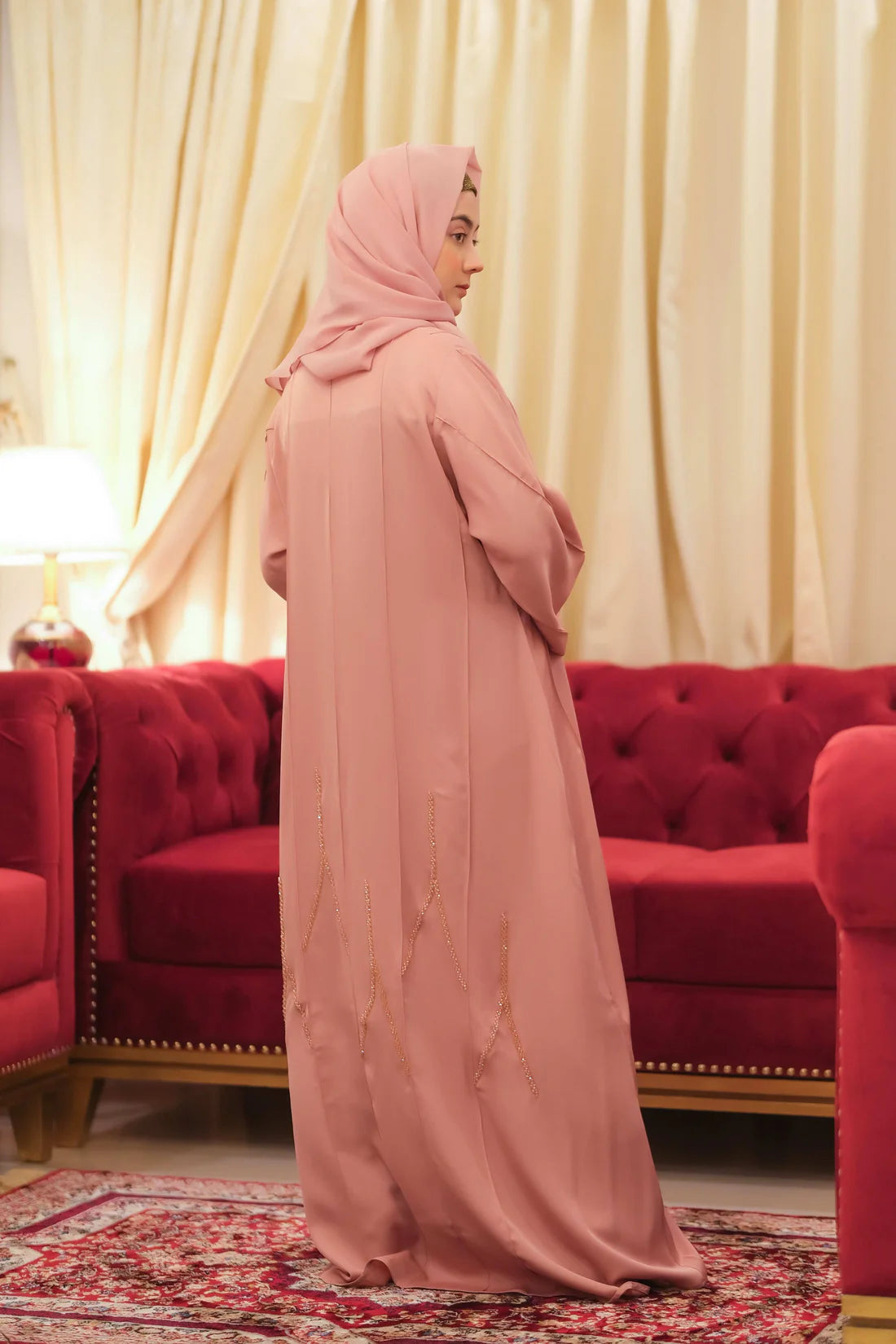 Rose Radiance Crystal Handwork Abaya | Blush Pink Front-Open