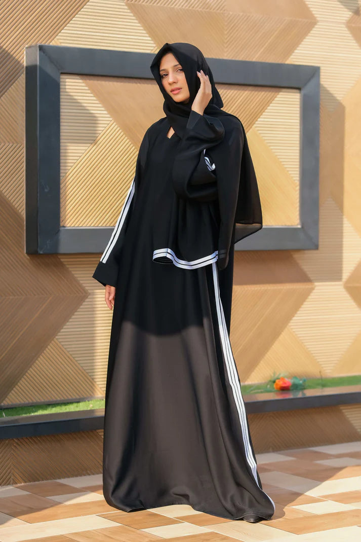 Sacred Serenity Black Abaya | Pilgrimage Edition | White Trim Detail