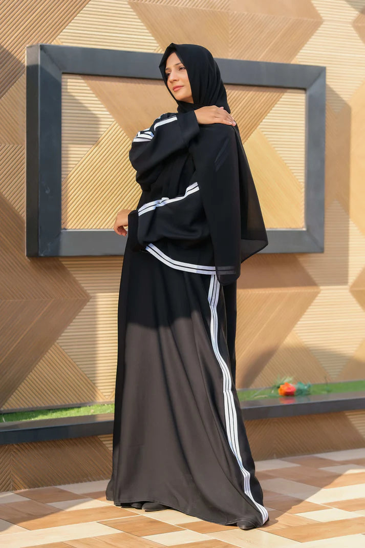 Sacred Serenity Black Abaya | Pilgrimage Edition | White Trim Detail