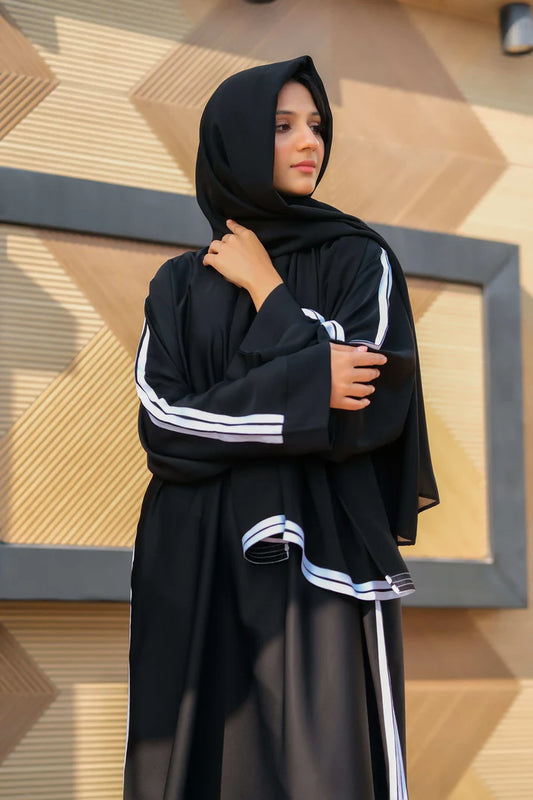 Sacred Serenity Black Abaya | Pilgrimage Edition | White Trim Detail