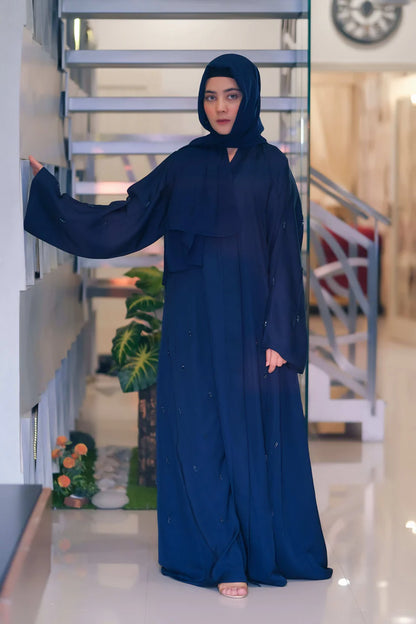 Twilight Blue Sapphire Abaya | Deep Blue Front-Open | Crystal Handwork