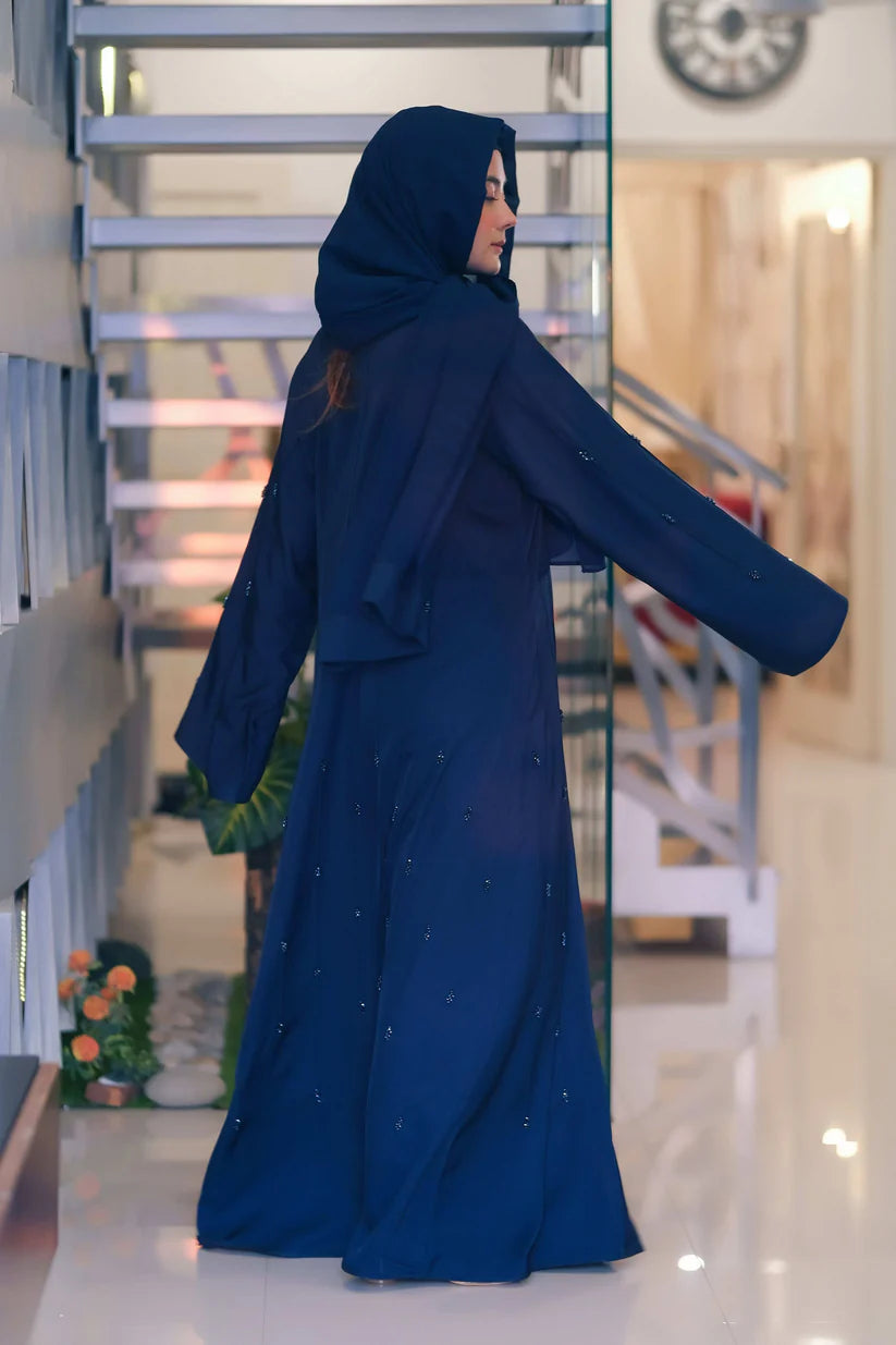 Twilight Blue Sapphire Abaya | Deep Blue Front-Open | Crystal Handwork
