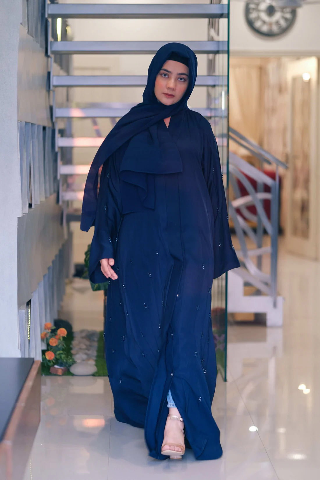 Twilight Blue Sapphire Abaya | Deep Blue Front-Open | Crystal Handwork