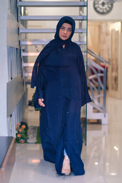 Twilight Blue Sapphire Abaya | Deep Blue Front-Open | Crystal Handwork