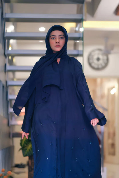 Twilight Blue Sapphire Abaya | Deep Blue Front-Open | Crystal Handwork