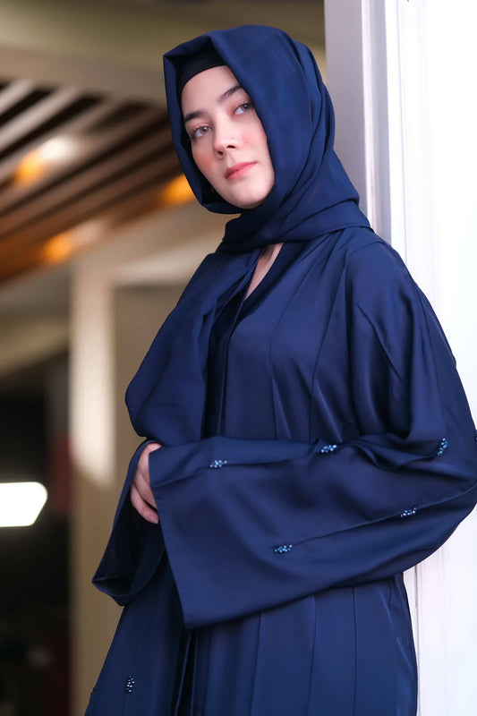 Twilight Blue Sapphire Abaya | Deep Blue Front-Open | Crystal Handwork