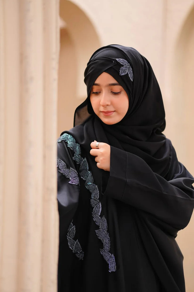 Noor Al-Noir Abaya | Black Front-Open | Silver Embellishment Detail
